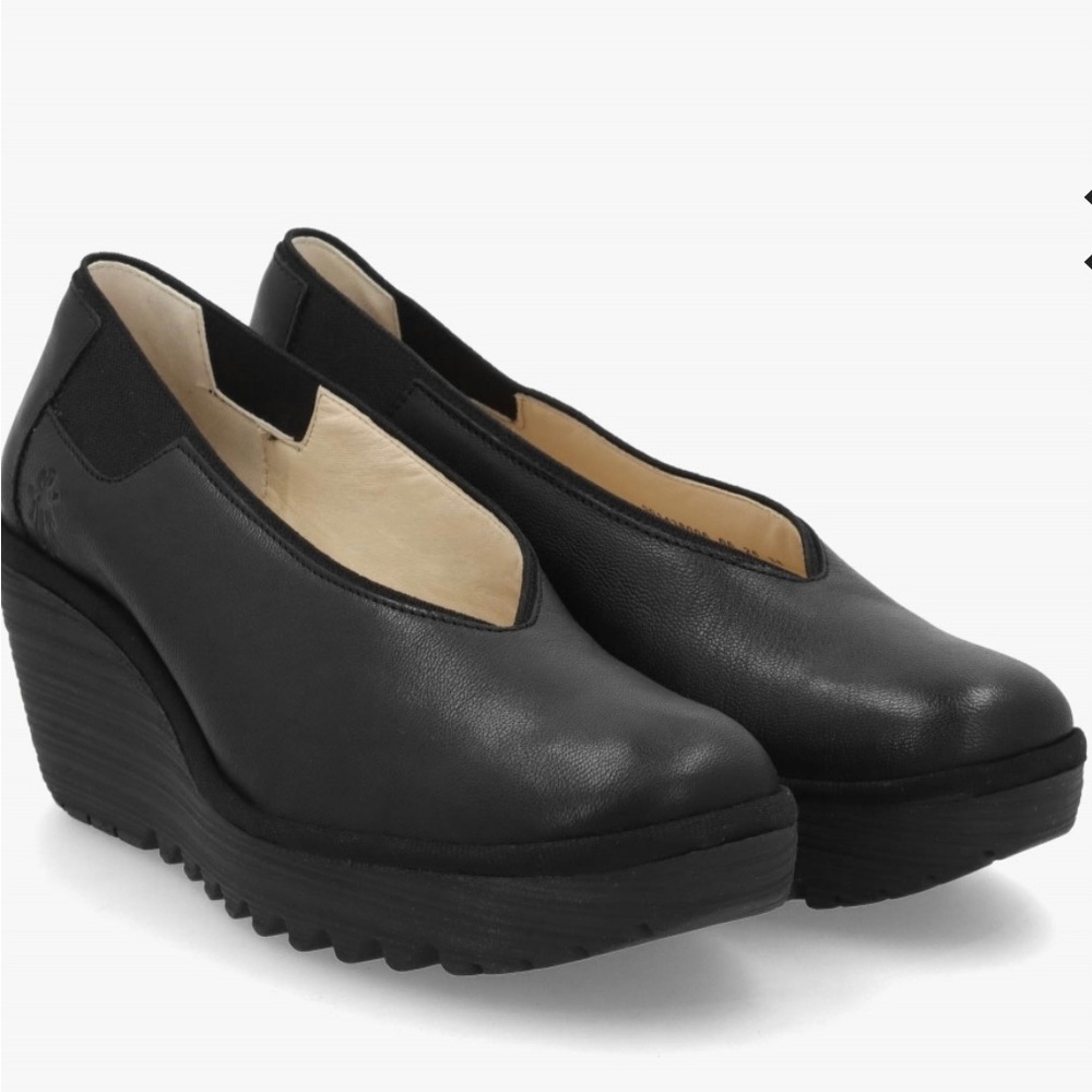 Fly London Black Leather Wedge Slip-Ons